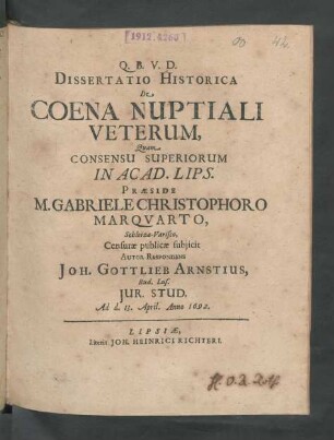 Dissertatio Historica De Coena Nuptiali Veterum