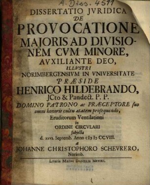 Dissertatio Iuridica De Provocatione Maioris Ad Divisionem Cum Minore