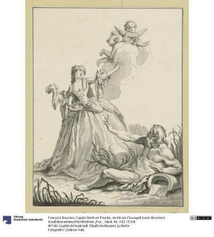 Cupido flieht vor Psyche, rechts ein Flussgott (nach Bouchers Illustrationsentwurf für Molières „Psyche“)