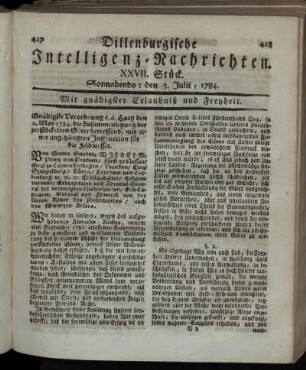XXVII. Stück. Sonnabends: den 3. Julii, 1784.