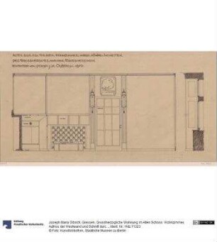 Giessen, Grossherzogliche Wohnung im Alten Schoss Wohnzimmer, Aufriss der Westwand und Schnitt durch die Fensternische der Nordwand