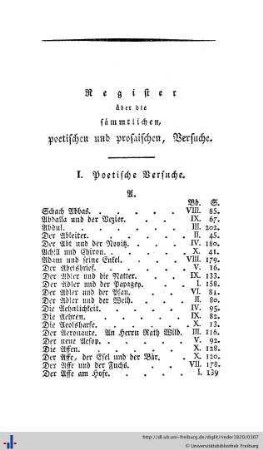 Register über die sämmtlichen poetischen und prosaischen Versuche.