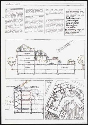 Moritzplatz, Berlin-Kreuzberg Schinkelwettbewerb 1983: »Moritz-Express Planungsausgabe vom 30.2.1988« Seite 5: Text und perspektivische Ansicht, 2 Schnitte
