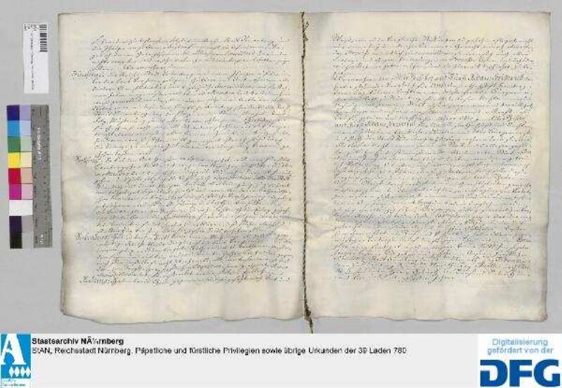 Vertrag zwischen Bischof Adam Friedrich von Bamberg und der Stadt Nürnberg über die hohe Zent- und niedern Gerichtsbarkeit über die im Dorfe Hausen dann überhaupt in der Cent Forchheim gelegenen Nürnbergischen Lehengüter /Im Anhang ein nach Ortschaften (genannt sind die Orte Adelsdorf, Dietzhof, Kirchehrenbach, Mittelehrenbach, Gaigang, Kersbach, Pinzberg, Poppendorf, Burk und Röttenbach) hergestelltes Verzeichnis der in den Dorfsfluren liegend "ledigen" Stück. - Siegler: Bischof und Domkapitel zu Bamberg, die Stadt Nürnberg. 1774 Februar 28, Bamberg; 1774 März 2, Nürnberg