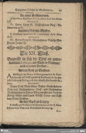 Die XII. Claß. Begreifft in sich die Titul an unterschiedliche Collegia, als Räthe in Städten, auch an andere Personen