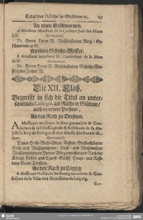 Die XII. Claß. Begreifft in sich die Titul an unterschiedliche Collegia, als Räthe in Städten, auch an andere Personen