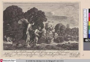 [Der kleine Tobias; Tobias hält einen Fisch unter dem Arm und wird von dem Erzengel Rafael über einen Fluss begleitet; Tobias carrying the fish, walking with the angel]