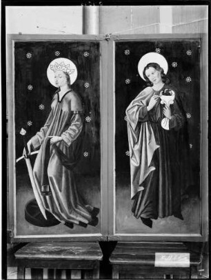 Schwäbisch Hall Sankt Katharinen Kirche Hochaltar (um 1450) Rechter Doppelflügel Gemälde Heiliger Katharina und Johannes Evangelista