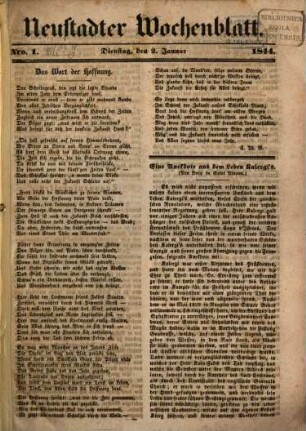 Neustadter Wochenblatt : Organ zur volksthümlichen Besprechung der Tages-Ereignisse, zur Unterhaltung, sowie zur Veröffentlichung von Anzeigen etc.. 1844