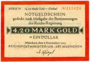 Geldschein / Notgeld, Dollar (USD), 4,20 Goldmark, 8.11.1923