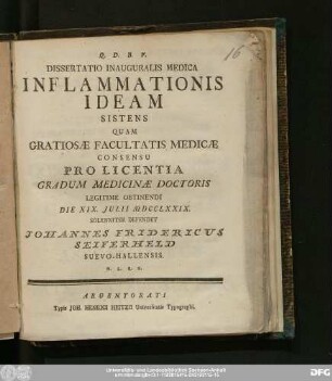 Dissertatio Inaugualis Medica Inflammationis Ideam Sistens