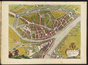 Stadtplan von Namur in Belgien 1 : 3 300, kolorierter Kupferstich, 1649 : Namurcum, [ca. 1:3.300] / [Amsterdam] : [Joan Blaeu], [1649]. - 1 Plan : Kupferst. ; 49,8 x 37,7 cm - Mit 1 wappen . - Mit Gebäudeverz. - Vermutl. aus: Novum Ac Magnum Theatrum Urbium Belgicae Foederatae. [Teil 2] : Ad praesentis temporis faciem expressum / a Ioanne Blaeu, Amstelaedamensi