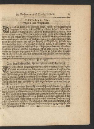 Titulus VIII. Von den Alchymisten, Paracelsisten und Laboranten