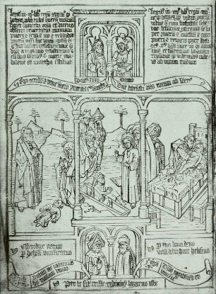 Blockbuchausgabe der Biblia pauperum : Elias erweckt den Sohn der Witwe von Zarpath, Erweckung des Lazarus, Elisa erweckt den Sohn der Sumanitin (Seite 11) aus: Blockbuchausgabe der Biblia pauperum. Dresden: SLUB Mscr.Dresd.g.152.d