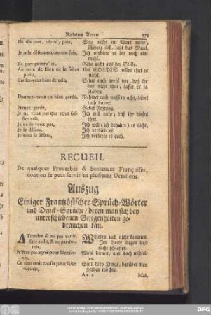 Recueil De quelques Proverbes & Sentences Françoises, dont on se peut servir en plusieurs Occasions. Auszug Einiger Frantzösischer Sprüch-Wörter und Denck-Sprüche, deren man sich bey unterschiedenen Gelegenheiten gebrauchen kan.
