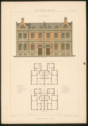 Doppelwohnhaus: Grundrisse und Ansicht (aus: Ein-Familien-Häuser, entworfen und gezeichnet von Hermann Bethke)