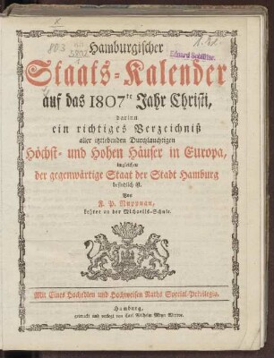 1807: Hamburgischer Staats-Kalender : auf das Jahr