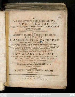 De Cavssis Qvibvsdam Specialibvs Apoplexiae Observationibvs Anatomicis Rarioribvs Confirmatis