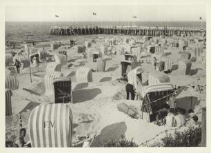 Kolberg (heute: Kolobrzeg / Polen). Am Badestrand. Strandkörbe. Im Hintergrund die Seebrücke (Landesteg).