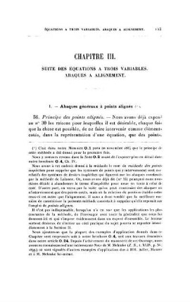 Chapitre III. Suite des équations à trois variables. Abaques à alignement.