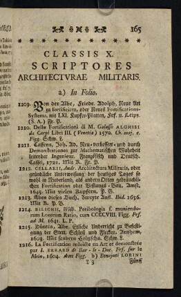 165-201, Classis X. Scriptores Architecturae Militaris - Classis XII. Ars Delineatoria, Pictoria, Sculptoria, et Similes