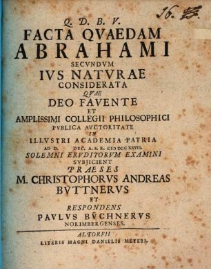 Facta Qvaedam Abrahami Secvndvm Ivs Natvrae Considerata