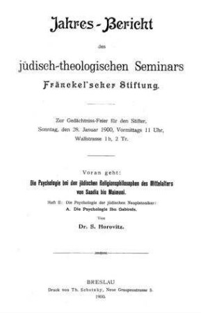 Die Psychologie bei den jüdischen Religionsphilosophen des Mittelalters von Saadia bis Maimuni / von S. Horovitz