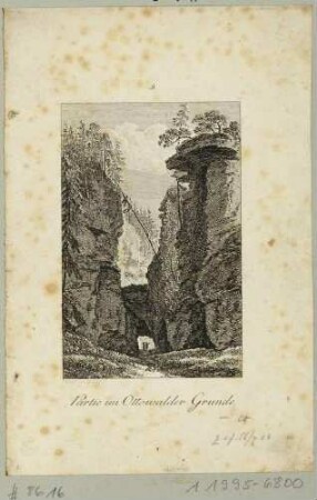 Das Felsentor im Uttewalder Grund nördlich von Wehlen in der Sächsischen Schweiz, Blatt aus Brückners Pitoreskischen Reisen um 1800