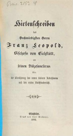 Hirtenbrief. 1882, 26. Aug.