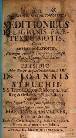 Diss. ... de seditionibus religionis praetextu motis : pars posterior