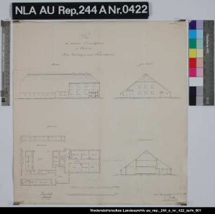 Grundriß, Ansichten und Schnitt des verkleinerten Platzgebäudes der Domäne Meerhusen bei MEERHUSEN zwecks Einrichtung einer Försterei Kolorierte Zeichnung von NN. Papier Format 41,3x44,0 M 1:230