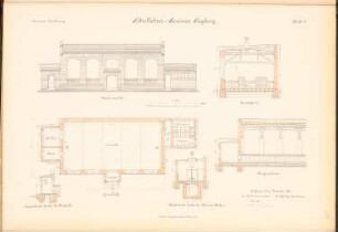 Schullehrer-Seminar, Siegburg: Turnhalle: Vorderansicht, Querschnitt, Grundriss, Längenschnitt 1:100