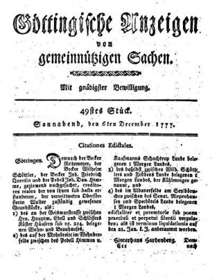 49stes Stück. Sonnabend, den 6ten December 1777.