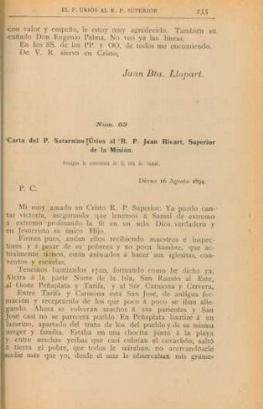 Núm. 63. Carta del P. Saturnino Úrios al R. P. Juan Ricart, Superior de la Misión