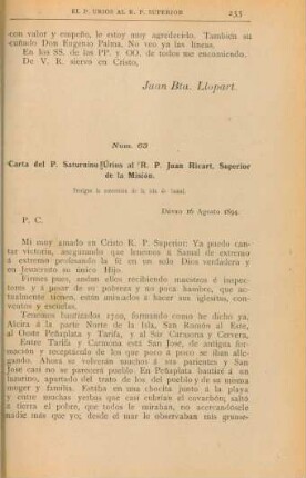 Núm. 63. Carta del P. Saturnino Úrios al R. P. Juan Ricart, Superior de la Misión