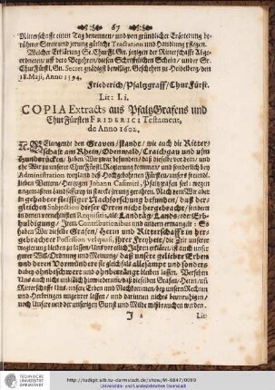 Lit: I.i. COPIA Extracts aus PfaltzGrafens und ChurFürsten FRIDERICI Testament, de Anno 1602.