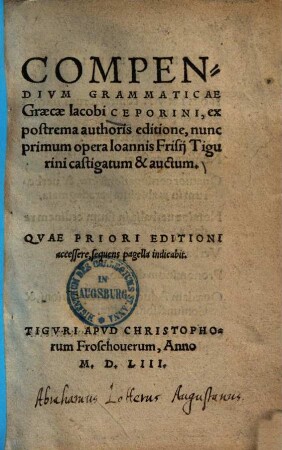 Compendium grammaticae Graecae : ex postrema authoris editione, nunc primum opera