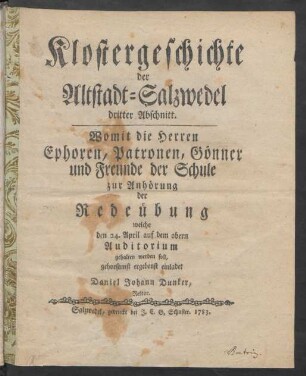 A. 3: Redeübung welche den 24. April auf dem obern Auditorium gehalten werden soll