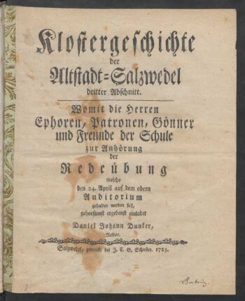 A. 3: Redeübung welche den 24. April auf dem obern Auditorium gehalten werden soll