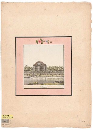 Ansicht von Schloss Übigau bei Dresden, Umrissradierung, um 1800 : Schönheit, Carl Simon : Uibigau / Schönheit f. - [S.l.] , [um 1800]. - 1 Kunstbl. : kolor. Umrißradierung ; 18 x 18 cm