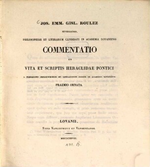 Commentatio de vita et scriptis Heraclidae Pontici