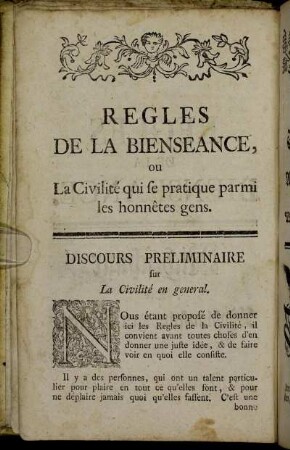 Discours preliminaire sur La Civilité en general. = Vorläufige Abhandlung von Der Höflichkeit insgemein.