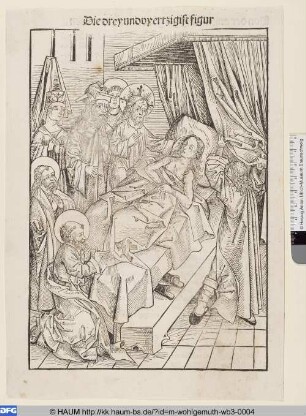 Buchseite aus: Fridolin, Stephan: Schatzbehalter. Nürnberg: Anton Koberger, 1491, fol. 62: Die dreyundvyertzigist figur [Die Auferweckung der Tochter des Jairus]