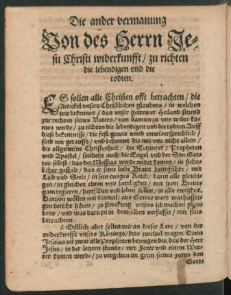 Die ander vermanung Von des Herrn Jesu Christi widerkunfft/ zu richten die lebendigen und die todten.
