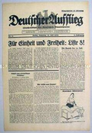 Wochenzeitung der Deutschen Staatspartei "Deutscher Aufstieg" zur Reichstagswahl am 31. Juli 1932