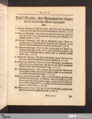 Das I. Register, oder Verzeichnis der Haupt-Lehren, so in diesem Werck abgehandelt sind.