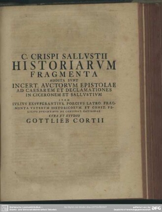 C. Crispi Sallustii Historiarum Fragmenta