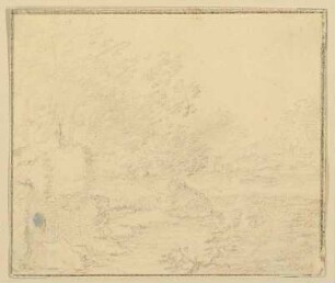 Landschaft mit Flusslauf, links Ruinen