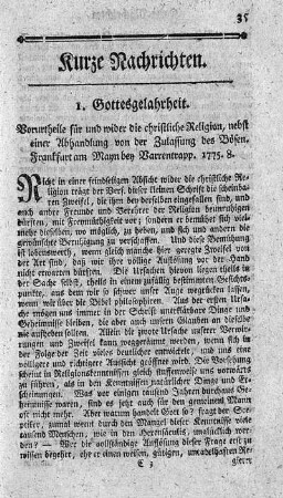 Vorurtheile für und wider die christliche Religion, nebst einer Abhandlung von der Zulassung des Bösen.