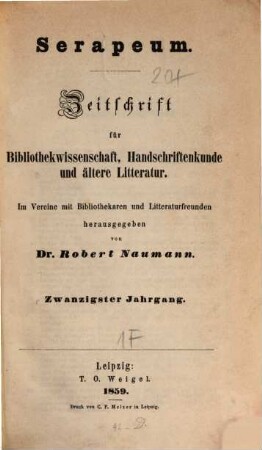 Serapeum : Zeitschrift für Bibliothekwissenschaft, Handschriftenkunde und ältere Literatur, 20. 1859